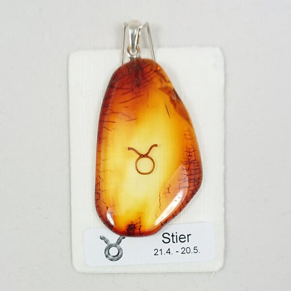 Anhänger Sternzeichen "Stier, freie Form", Bernstein, ES, inkl. "Sack & Pack" Stier