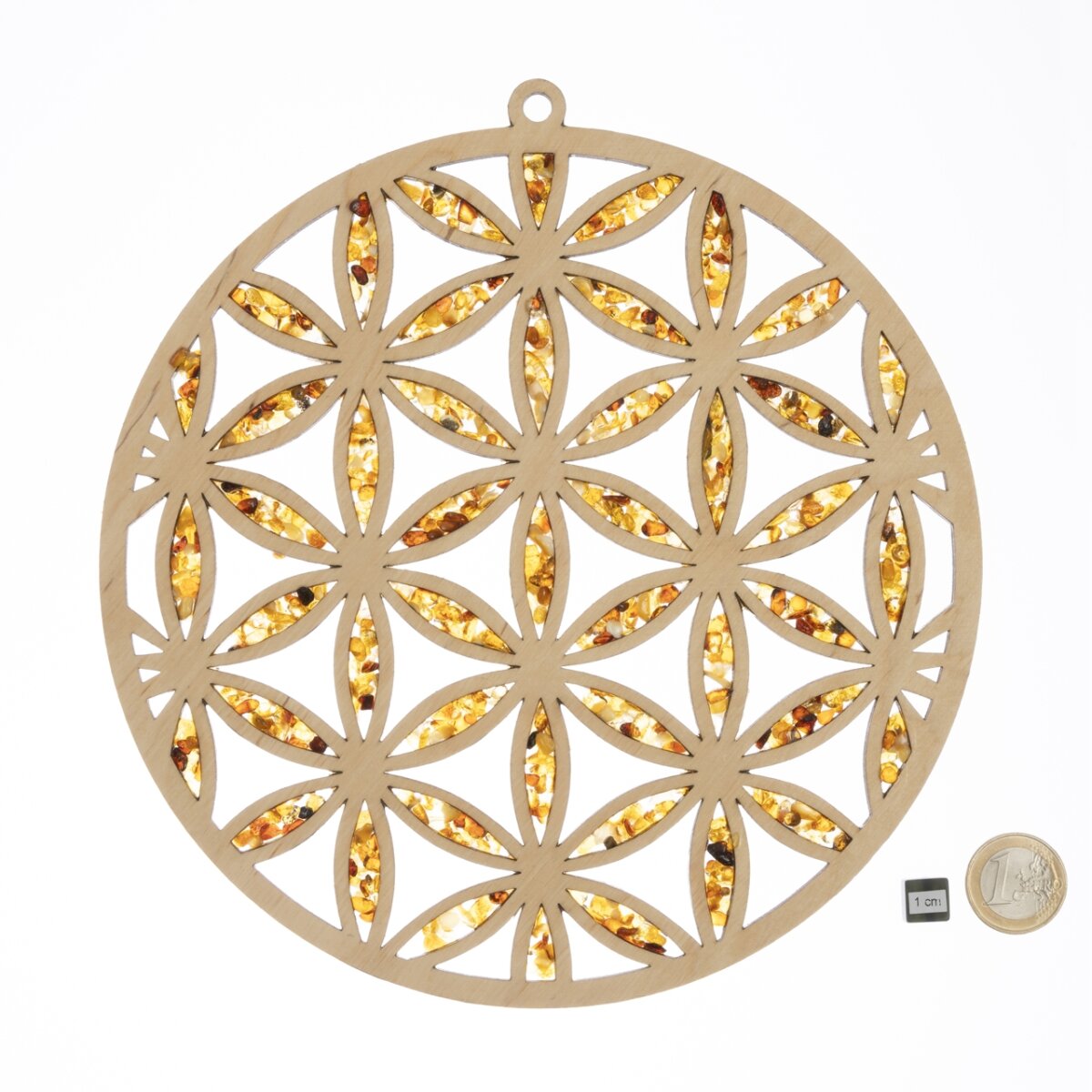 Fensterbild Ø 20 "Blume des Lebens", Bernstein/Birke